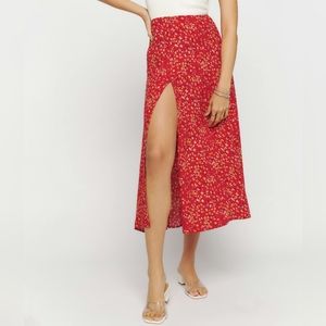 Reformation Zoe red floral print midi skirt